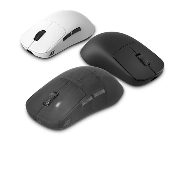 Endgame Gear OP1w 4k V2 Gaming-Maus in Wei&szlig;, Schwarz und transparenter Ausf&uuml;hrung mit symmetrischem Design und Seitentasten.